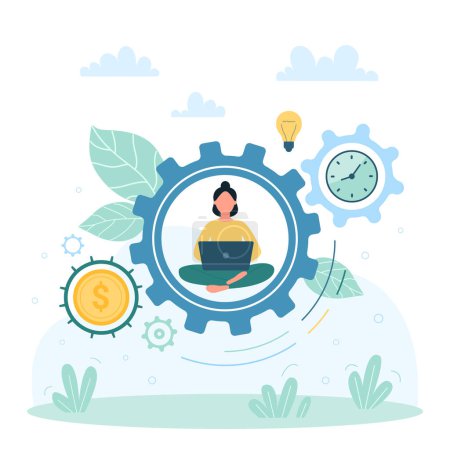 Illustration for Work efficiency and workflow balance vector illustration. Cartoon tiny engaged woman working with laptop inside big moving gear, success of time and insight idea conversion into money for employee - Royalty Free Image