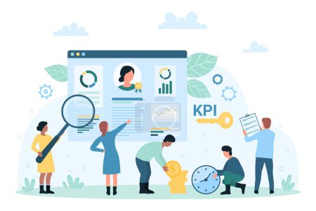 Key performance indicator, HR management and analytics vector illustration. Cartoon tiny people looking through magnifying glass at KPI test form and report, online performance review of employee