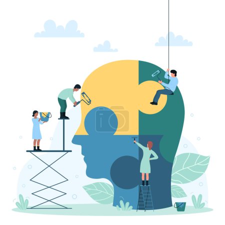 Illustration for Brain health, psychology and education vector illustration. Cartoon tiny people work with puzzle jigsaw in human head, study, care and support pieces of brainteaser, help to solve intellectual problem - Royalty Free Image