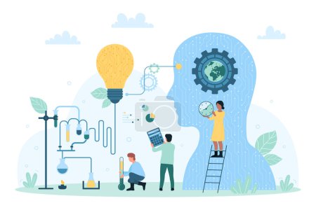 Scientific research with digital technology and AI, science innovation vector illustration. Cartoon tiny people work with circuit of light bulb, laboratory equipment and artificial intelligence