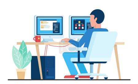 Illustration for Online work of man in office or home workplace, back view vector illustration. Cartoon male employee character sitting in chair with coffee at computer monitors, programmer and developer working - Royalty Free Image