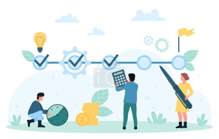 Project milestone to progress toward business goal vector illustration. Cartoon tiny people holding pen to mark milestones of growth with checkmarks, journey to achieve flag of mission in journey