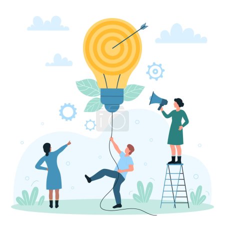 Illustration for Creative idea and solution in entrepreneurship vector illustration. Cartoon tiny people holding rope to big bright light bulb with target and arrow inside, brainstorming of entrepreneurs team - Royalty Free Image