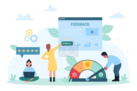 Customers feedback service vector illustration. Cartoon tiny people using emotions level meter with happy and angry emoticons to rate user experience, work with electronic form and laptop for survey