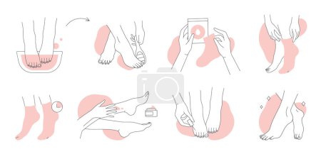 Pie cuidado conjunto de iconos de línea de ilustración vectorial. Esquema dibujado a mano pies femeninos en baño con agua, tratamiento de spa en salón de belleza y masaje con crema, pedicura, hidratación y pelado de calcetines