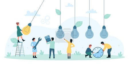 Illustration for Creative idea, insight, efficiency and business innovation vector illustration. Cartoon tiny character holding yellow bright light bulb of success invention, dark electric lamps hang on wires in row - Royalty Free Image