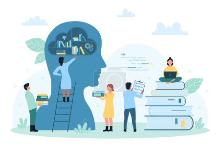 Illustration for Knowledge and higher education vector illustration. Cartoon students study with books from bookshelf inside abstract human head, experience organization, idea and content management by tiny people - Royalty Free Image