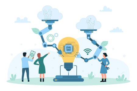 Project development vector illustration. Cartoon tiny people use machines to produce and develop creative ideas, control robot arms and manipulators to fix and repair CPU circuits inside light bulb