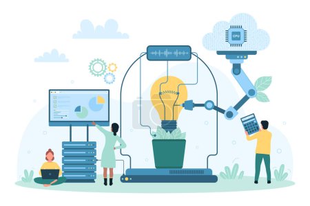 Eco science innovation, technology and idea improvement vector illustration. Cartoon tiny people repair light bulb, engineering modern creative lamp with help of robot arms and laboratory equipment