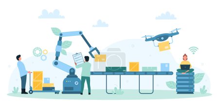 Automation of factory warehouse vector illustration. Cartoon tiny people and robot arms unload and load boxes with goods to industrial conveyor belt, employees and machines work in storehouse