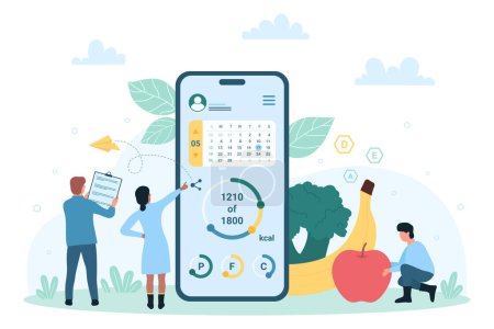 Healthy eating mobile app vector illustration. Cartoon tiny people count calories in food using online app in phone for weight loss, quality analysis tracking for organic products and diet dishes