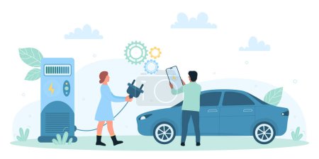 Illustration for Charging station for electric car, electromobility and future innovation vector illustration. Cartoon tiny people holding charger plug and phone to charge battery of electro vehicle on parking - Royalty Free Image