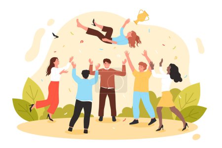 Team of people tossing happy person vector illustration. Cartoon office workers toss best colleague, winner with award cup up in air, congratulate and celebrate victory or company achievement