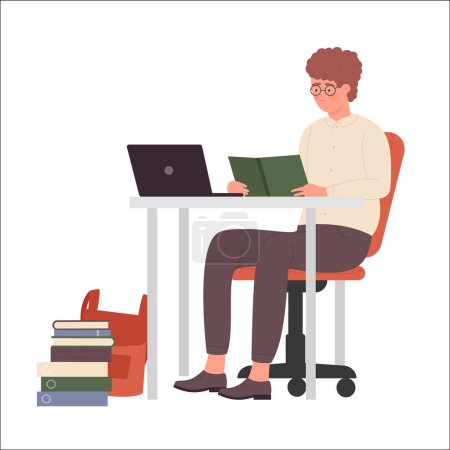 Nerd boy sitting at computer. Smart geek student learning and studying vector illustration
