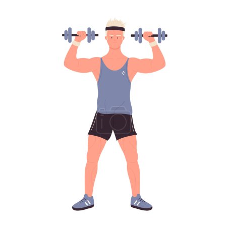 Männlicher Trainer mit Kurzhanteln. Fitnesstrainingstrainingsprogramm, Gym Workout Vektor Illustration