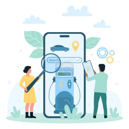 Electric car charger station vector illustration. Cartoon tiny people with magnifying glass using search service on screen of mobile phone to find charging point to charge battery of electro vehicle