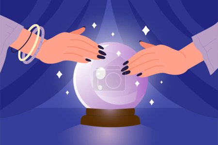 Ilustración de Hands of magical fortune teller with crystal ball vector illustration. Cartoon magic seer sitting at mystic glass globe on table with blue curtains, lady gazing in sphere with stars to predict future - Imagen libre de derechos