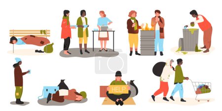Ilustración de Homeless set vector illustration. Cartoon poor and dirty people sleeping on street and begging, unemployed hungry refugees eat food at shelter, needy characters warming by fire in cold winter - Imagen libre de derechos
