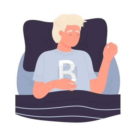 Illustration for Sweet sleeping teenager. Bed time, dreaming state, tired boy lying in bed vector illustration - Royalty Free Image