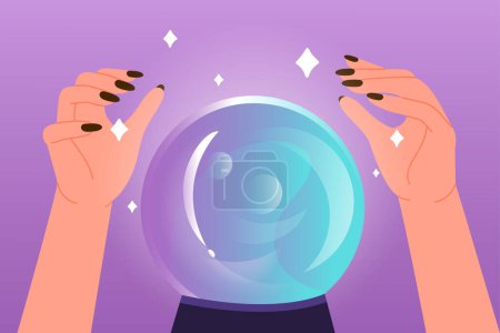 Ilustración de Hands of fortune teller with crystal ball vector illustration. Cartoon witch telling future, female magician sitting in front of magic glass orb to predict, mystic prediction of psychic oracle - Imagen libre de derechos