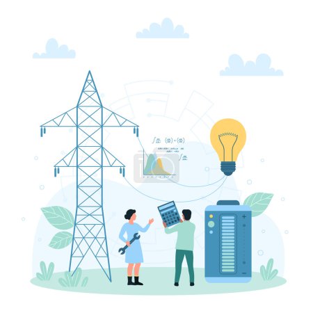 Ilustración de Electric power production and distribution vector illustration. Cartoon tiny people connect light bulb, battery with high voltage power line on steel tower by wires, electricity infrastructure - Imagen libre de derechos