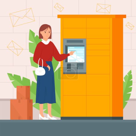 Illustration for Self service in post office vector illustration. Cartoon woman using packstation in automat locker with display to receive or send parcels in paper boxes, delivery and storage of packages in postomat - Royalty Free Image
