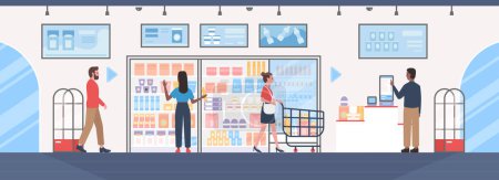 Ilustración de Self service in supermarket vector illustration. Cartoon store interior with people carry market trolley with grocery products, customers buy and pay for purchases at checkout automated kiosk - Imagen libre de derechos