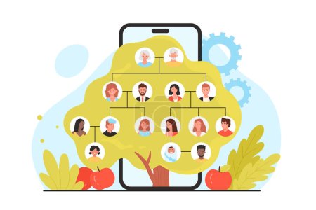 Ilustración de Family tree mobile app, genealogy template vector illustration. Cartoon apple green tree with branches and portraits of four generations of relatives in infographic history chart on phone screen - Imagen libre de derechos