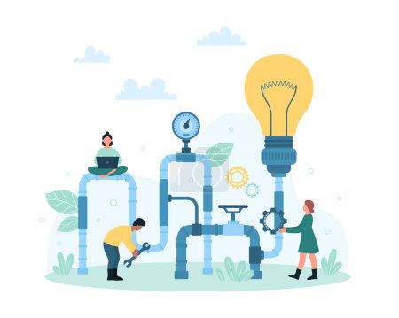 Illustration for Creative project generation process vector illustration. Cartoon tiny people work with idea generator pipeline and pipe system with bright light bulb to generate and control startup innovation - Royalty Free Image