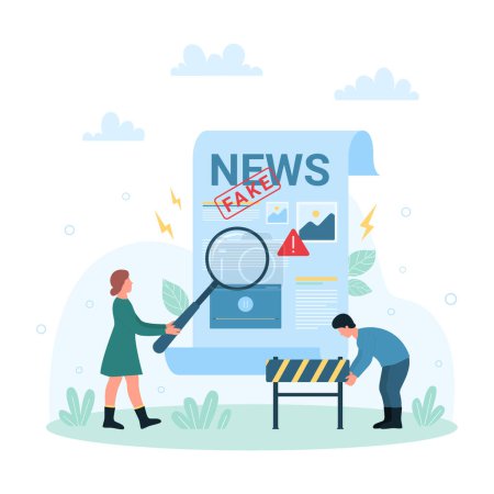 Ilustración de Fake news vector illustration. Cartoon tiny people research facts and social media information with magnifying glass, putting up construction barrier to stop spread and post false disinformation - Imagen libre de derechos