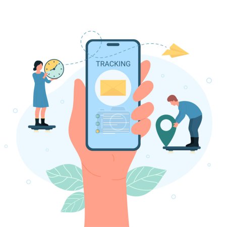 Téléchargez les illustrations : Mail tracking vector illustration. Cartoon tiny people track delivery status of letter with mail mobile app in big phone, clock and location pin, hand holding smartphone with envelope on screen - en licence libre de droit