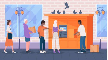 Illustration for Self service in post office interior, queue to postomat vector illustration. Cartoon people standing in line at postal automat locker, customers waiting to receive store orders or send parcel boxes - Royalty Free Image