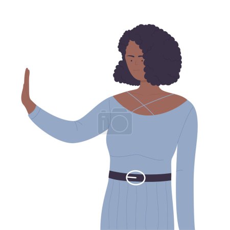 Ilustración de Woman showing stop hand pose. Refusing reaction with palm up vector illustration - Imagen libre de derechos