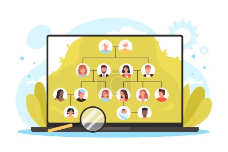 Family tree app, genealogy software vector illustration. Cartoon infographic template with laptop and magnifying glass, relatives, grandparents, parents and children connected with lines on screen