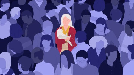 Illustration for Lonely girl and crowd vector illustration. Cartoon sad woman standing with cat alone among group of people, depressed female adult character with helpless unhappy face and anxiety, burnout emotion - Royalty Free Image