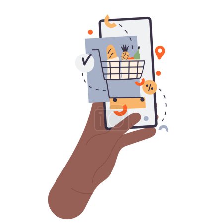 Illustration for Phone in hand online shopping. Order grocery by mobile, online store vector illustration - Royalty Free Image