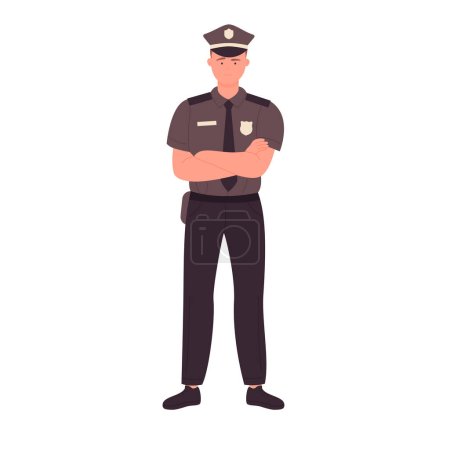 Téléchargez les illustrations : Un policier debout avec les bras croisés. Illustration vectorielle d'agent de police confiant - en licence libre de droit