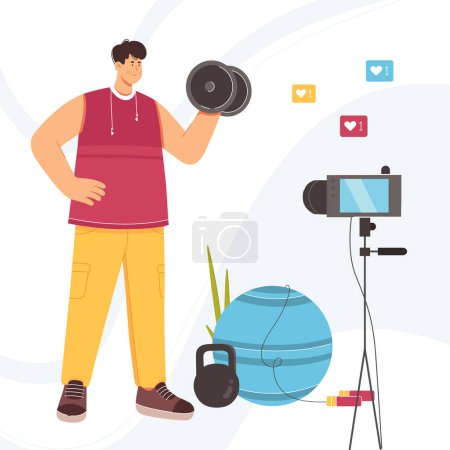 Illustration for Fitness blogger recording online video classes at home or gym vector illustration. Cartoon sporty man holding dumbbell for training in front of camera on tripod to record daily sports exercises - Royalty Free Image