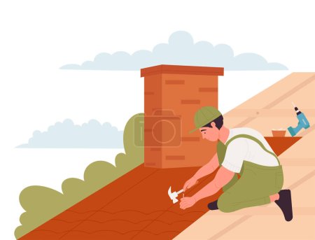 Illustration for Roof construction worker. Home building master, renovation specialist vector illustration - Royalty Free Image