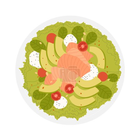 Téléchargez les illustrations : Salade de saumon saine. Bol chaud salade, menu fitness, légumes illustration vectorielle alimentaire - en licence libre de droit
