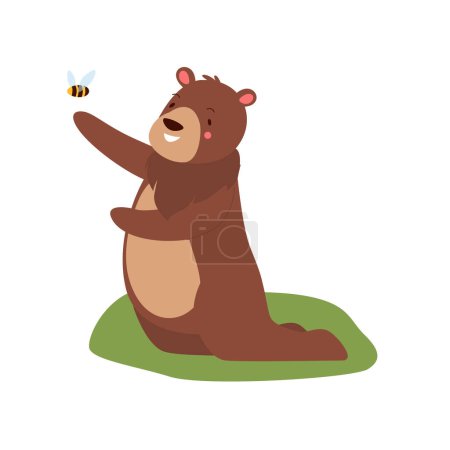 Ilustración de Bonito oso jugando con la abeja. Bosque animal grande, amante de la miel osito de peluche vector ilustración - Imagen libre de derechos