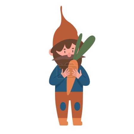 Ilustración de Gnomo mágico sosteniendo zanahoria. Ilustración vectorial de la temporada de cría y cosecha enana - Imagen libre de derechos