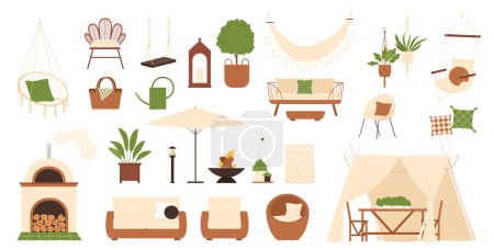 Illustration for Garden furniture set vector illustration. Cartoon isolated outdoor swing and egg chair for porch, wooden luxury sofa with pillows and wicker armchair, gazebo table in backyard furnishing collection - Royalty Free Image