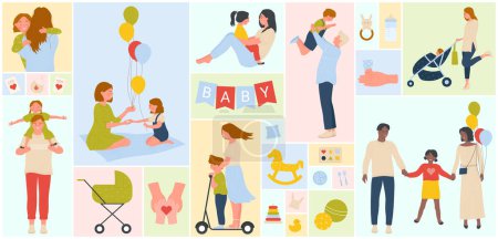 Illustration for Cartoon parents hug and talk with kids, hands of child giving heart and love, baby toys and pram in geometric collage background. Happy father, mother and children characters set vector illustration - Royalty Free Image