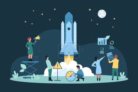 Business startup launch, entrepreneurship vector illustration. Cartoon tiny people with megaphone, clock and warning sign work on shuttle launch into space, aerospace innovation ready to start