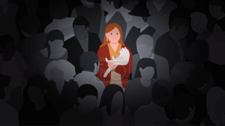 Illustration for Loneliness of woman in crowd, mental disorder vector illustration. Cartoon lonely sad outcast girl standing with cat, feeling anxiety among indifference of group of people, panic attack of person - Royalty Free Image