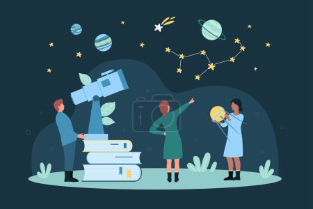Research and study of astronomy vector illustration. Cartoon tiny people look at constellations of night sky and solar system planets through observatory telescope standing on stack of books
