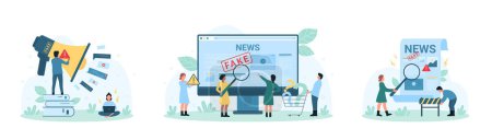 Illustration for Fake news set vector illustration. Cartoon tiny people research facts in social media with magnifying glass, putting barrier and warning sign on megaphone to stop spread, share disinformation online - Royalty Free Image