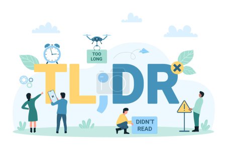 Illustration for TLDR abbreviation, too long didnt read, marketing message and acronym vector illustration. Cartoon tiny people standing and pointing at TLDR letters and definition, internet communication slang - Royalty Free Image