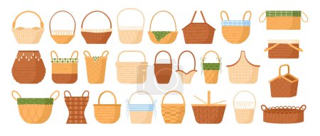 Basket set vector illustration. Cartoon isolated wooden, bamboo and straw empty basket collection with hampers of different shape, boxes for laundry storage and picnic, bags with handles for market